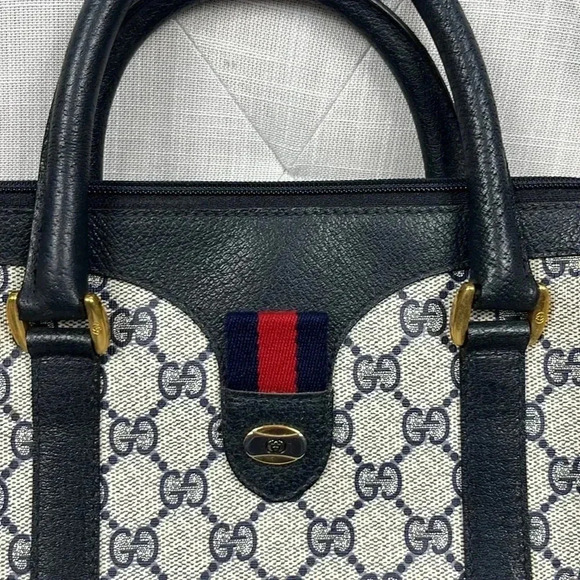 Vintage Gucci Boston Hand Bag Satchel Purse Monogram Navy Canvas Leather - Picture 2 of 16